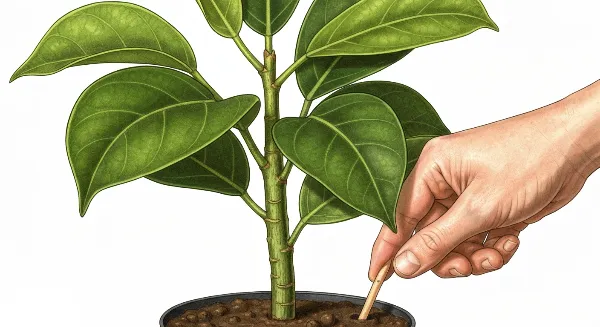 Test du doigt pour vérifier l'humidité du terreau d'un Ficus Elastica