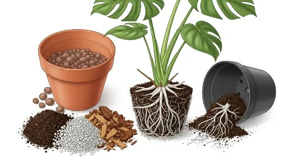 Rempotage d'un Monstera avec un substrat drainant et des billes d'argile