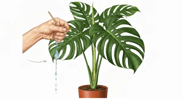 Main vérifiant l'humidité du terreau d'un Monstera pour un arrosage optimal