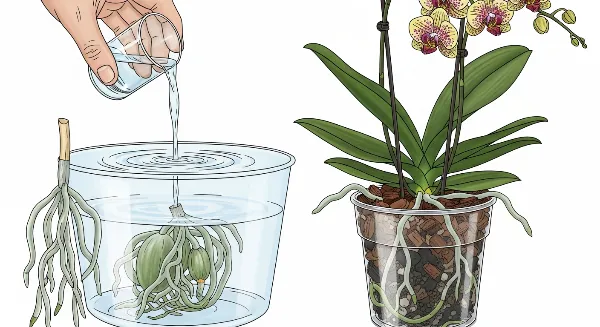 Illustration des méthodes d'arrosage d'orchidées : bain, verre à liqueur et soucoupe
