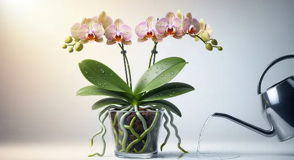 Orchidée Phalaenopsis en pot transparent, racines saines, feuilles vertes et fleurs éclatantes