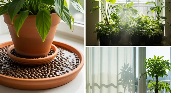 Plateau de billes d'argile, plantes regroupées et voilage pour l'humidité et la protection solaire