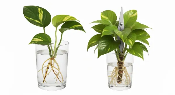 Bouture de Pothos enracinée dans l'eau et plante mère