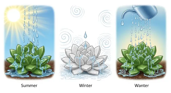 Illustration des besoins en eau des succulentes variant selon les saisons : été, hiver, printemps/automne.