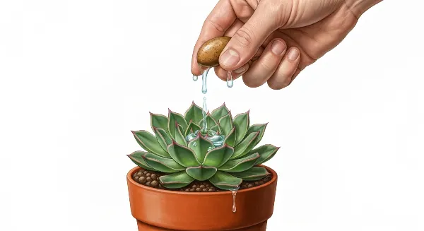Une main arrosant une succulente en pot, illustrant un arrosage maîtrisé en intérieur.
