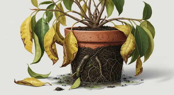Plante d'intérieur avec des feuilles jaunies et un terreau détrempé, signe d'un arrosage excessif.