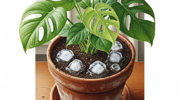 Plante d'intérieur verte avec des glaçons sur le terreau, symbolisant un arrosage contrôlé en hiver.