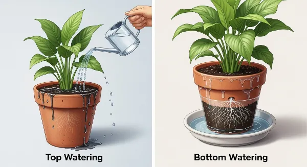 Comparaison visuelle des méthodes d'arrosage par le dessus et par le dessous pour plantes d'intérieur.