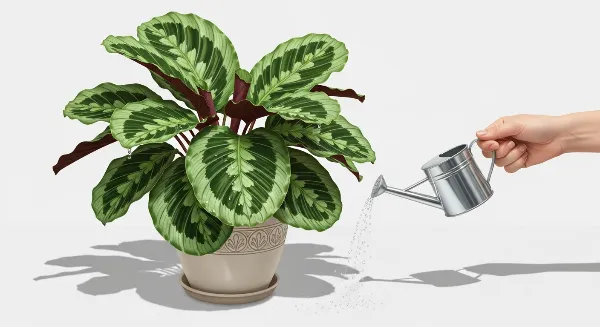 Personne arrosant un Calathea avec un arrosoir, mettant en valeur son feuillage vert et ses motifs uniques.