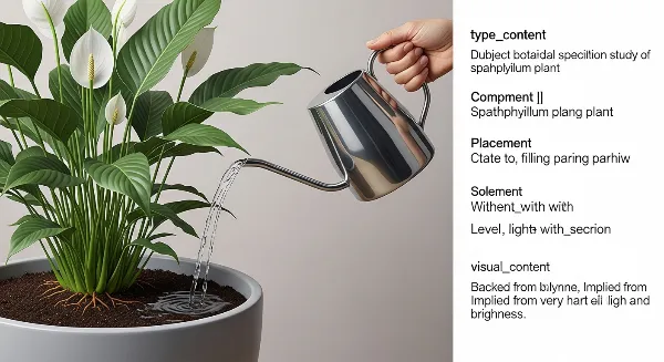 Femme arrosant un Spathiphyllum en pot avec un arrosoir, ses feuilles vertes et fleurs blanches sont éclatantes.