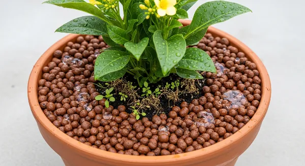 Plante en pot avec une couche de billes d'argile en paillage de surface, protégeant le sol et limitant l'évaporation.