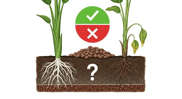 Billes d'argile dans un pot de fleurs, avec des racines saines et des racines pourries, symbolisant le mythe du drainage.