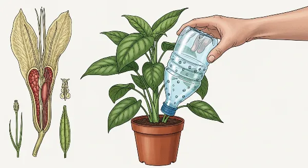 Main installant une bouteille d'arrosage inversée dans un pot de plante