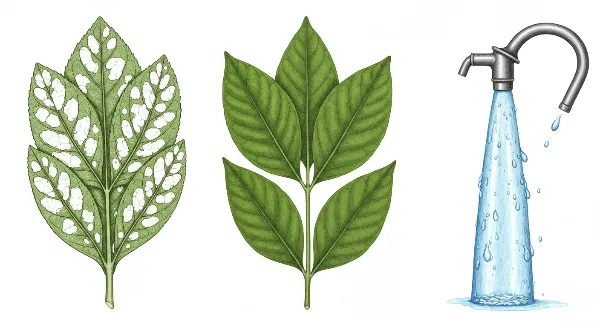 Feuilles de plantes avec taches de calcaire et eau de pluie pour brumisation