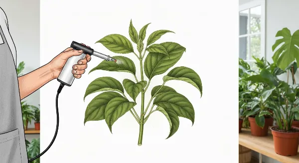 Femme brumisant une plante d'intérieur tropicale avec un vaporisateur à fine brume