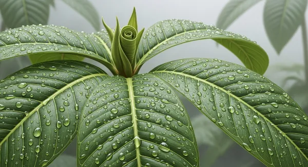 Feuillage de plante tropicale vaporisé pour augmenter l'humidité