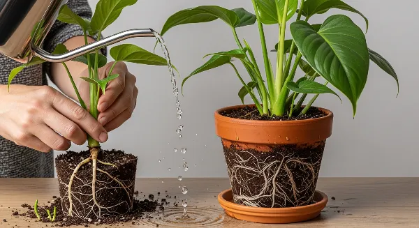 Plante verte fraîchement rempotée recevant son premier arrosage abondant