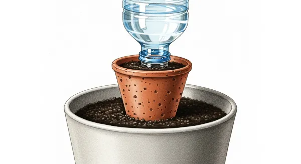Cône d'arrosage en céramique avec une bouteille pour l'hydratation d'une plante en pot