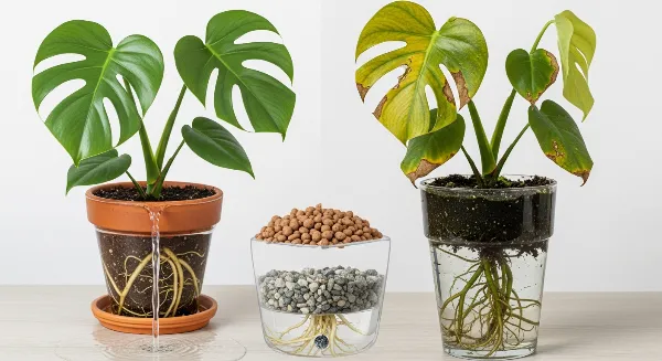 Pot de plante d'intérieur avec une couche de drainage visible, des racines saines et de l'eau s'écoulant librement.