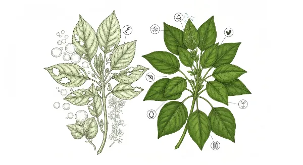 Plantes d'intérieur saines et malades, avec un arrosoir symbolisant l'eau calcaire et l'eau purifiée.