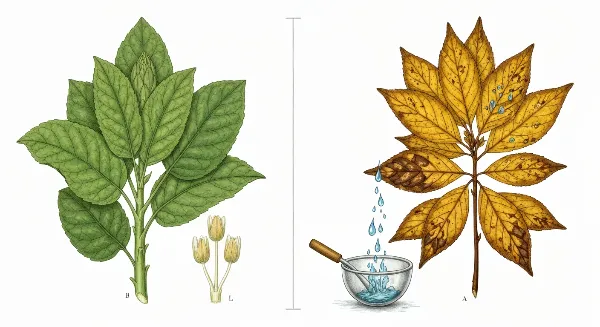 Comparaison visuelle d'une plante d'intérieur saine et d'une plante souffrante, symbolisant l'impact de l'eau d'arrosage.