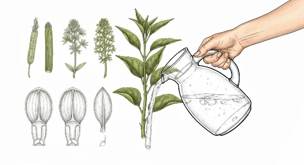 Utilisation d'une carafe filtrante pour préparer l'eau d'arrosage des plantes d'intérieur.