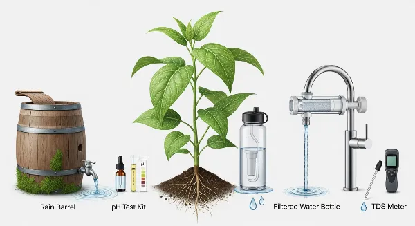 Diverses techniques pour améliorer la qualité de l'eau d'arrosage des plantes (collecte de pluie, filtration, test pH).