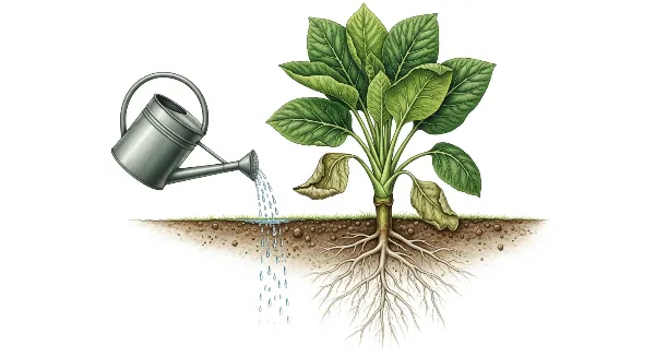 Arroser le sol au pied d'une plante pour une hydratation efficace des racines.