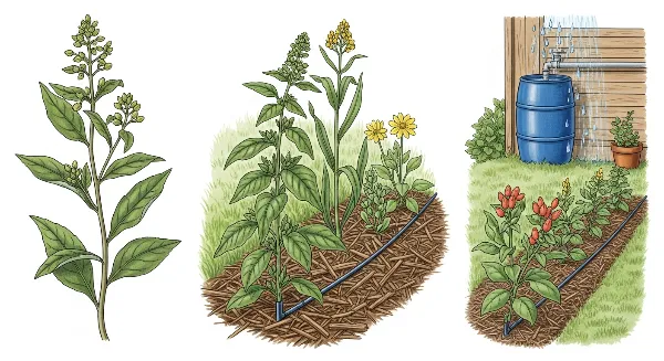 Techniques d'économie d'eau en jardinage : paillage et goutte-à-goutte.