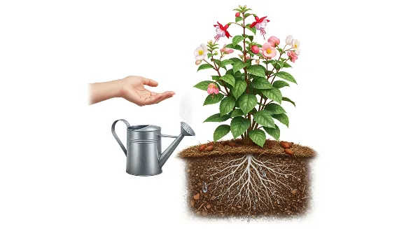 Arrosage de plantes avec de l'eau à température ambiante pour une croissance saine.