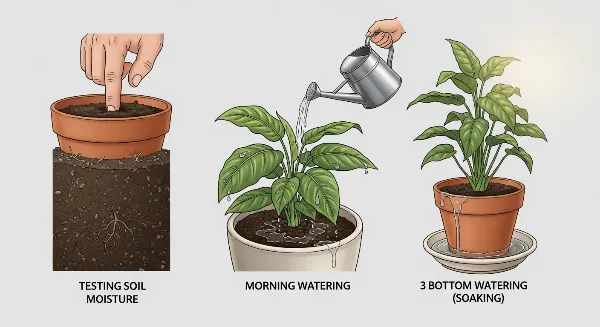 Techniques d'arrosage adaptées : test d'humidité, arrosage matinal, bain de pot