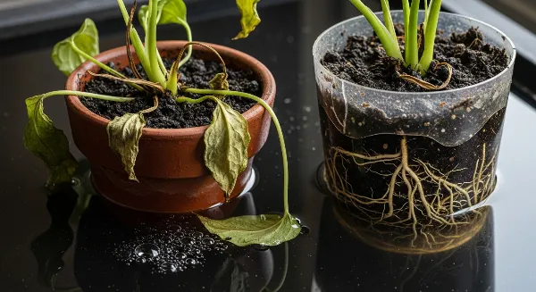 Plante en pot avec terreau gorgé d'eau, racines asphyxiées et feuilles jaunies