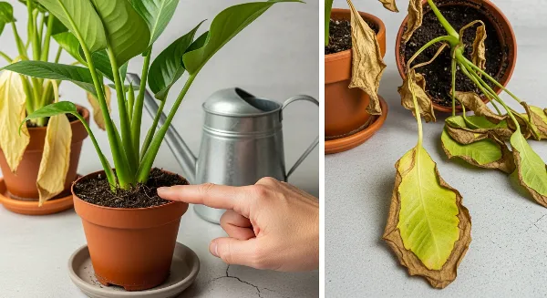 Une main vérifiant le terreau sec d'une plante d'intérieur en pot pour éviter les erreurs d'arrosage.