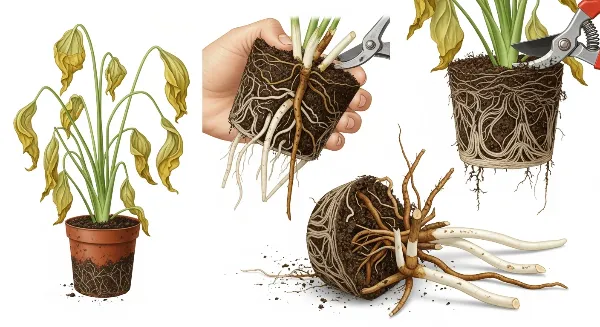 Étapes de récupération d'une plante d'intérieur trop arrosée : examen et coupe des racines pourries.