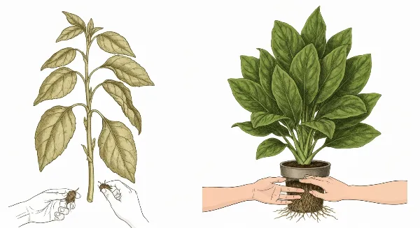 Plante d'intérieur aux feuilles molles et tombantes, signe de détresse