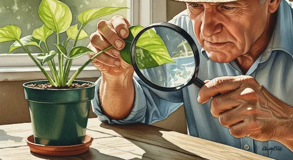 Jardinier inspectant le dessous des feuilles d'une plante pour détecter des parasites