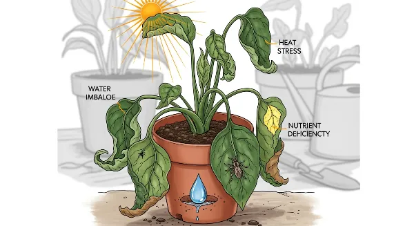 Plante avec feuilles recroquevillées montrant des signes de stress hydrique, parasites ou carences