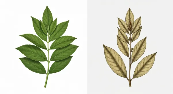 Comparaison visuelle entre une plante d'intérieur saine et une plante aux feuilles sèches et brunes par manque d'humidité