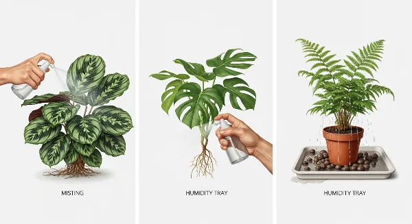 Illustrations des méthodes alternatives : vaporisation, soucoupe de billes d'argile et regroupement de plantes pour l'humidité