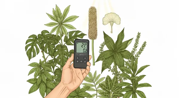 Hygromètre numérique mesurant l'humidité de l'air près de plantes d'intérieur vertes