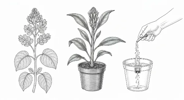 Main arrosant une plante d'intérieur, l'eau s'écoulant par le drainage du pot dans une soucoupe.