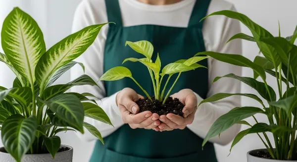 Une personne inspectant des plantes d'intérieur avec des feuilles flétries et jaunies, symbolisant le manque ou l'excès d'eau.