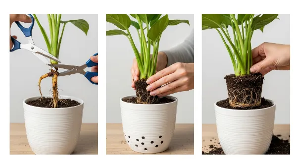Étapes de sauvetage d'une plante : coupe des racines noires et rempotage dans un nouveau terreau