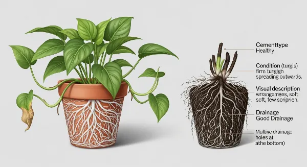 Plante d'intérieur avec racines saines et racines noires atteintes de pourriture, illustrant le problème