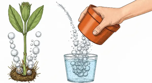 Technique du bain d'eau pour réhydrater une plante sèche, pot immergé dans un bassin.