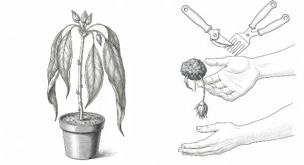 Plante d'intérieur déshydratée avec feuilles flétries dans un pot, symbolisant le besoin de sauvetage.