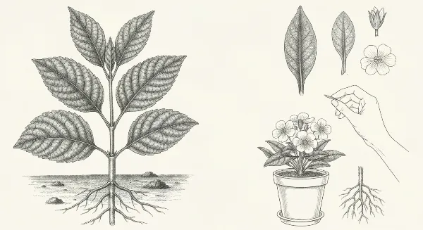 Une plante d'intérieur aux feuilles jaunies et flétries, symbolisant une plante trop arrosée, avec des racines pourries visibles.