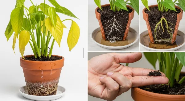 Une main vérifiant l'humidité du sol d'une plante en pot, avec une soucoupe vide et une autre remplie d'eau stagnante, symbolisant les erreurs d'arrosage.