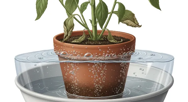 Pot de plante immergé dans l'eau (bassinage) pour réhydrater un terreau hydrophobe.