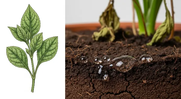 Gouttes d'eau perlant sur un terreau sec dans un pot, symbolisant l'hydrophobie du substrat.